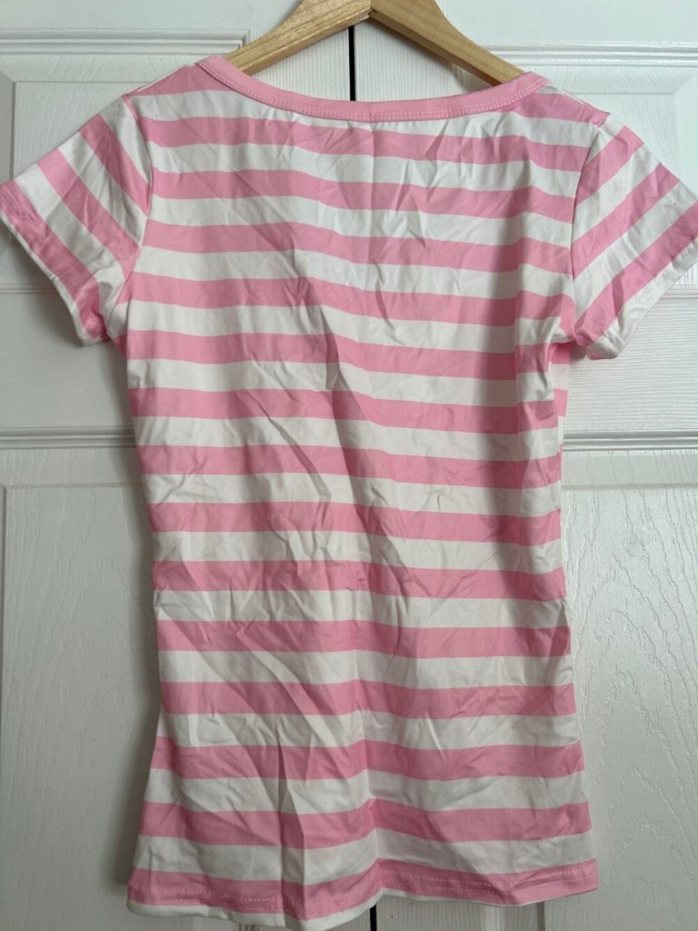 Y2K Pink White Striped Henley Tee V Neck Snap Buttons Short Sleeve Size L